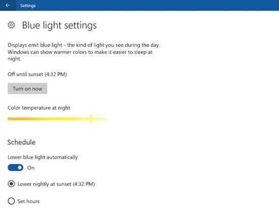 blue light settings windows 10